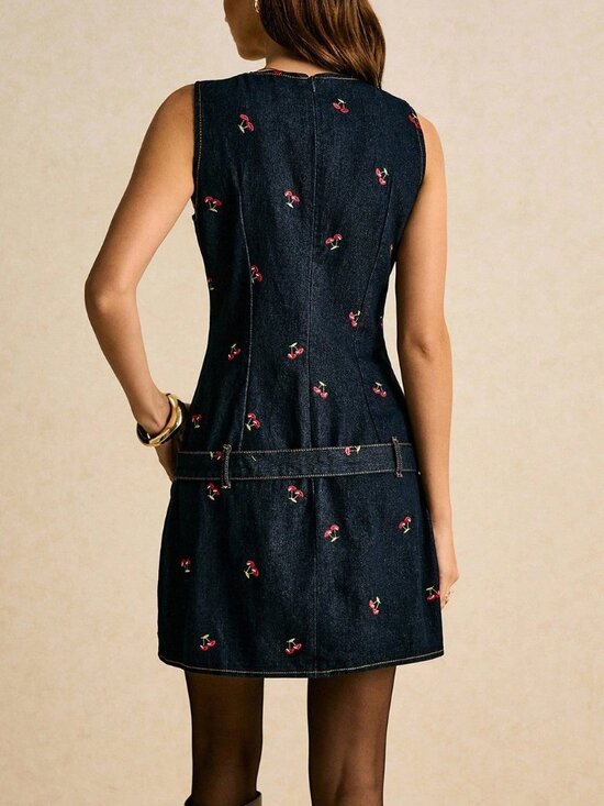 Dark Wash Casual Women's Embroidered Mini Dress with Belt - Picture 2 of 4